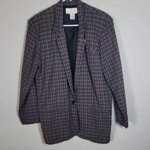 Vintage Women Oversized Plaid Blazer Jacket Size S One Button Shoulder Pads 90s